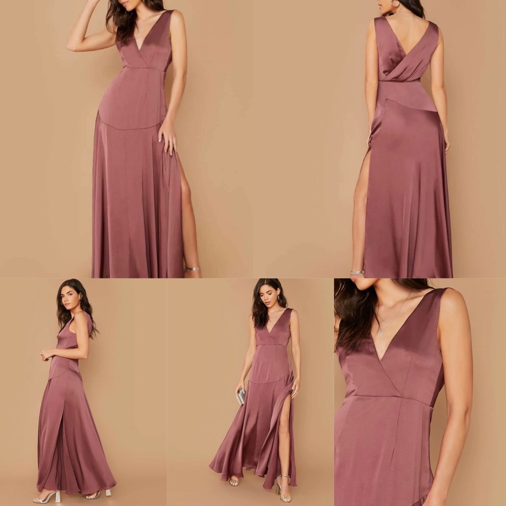 SURPLICE V-NECK SLEEVELESS SATIN GOWN